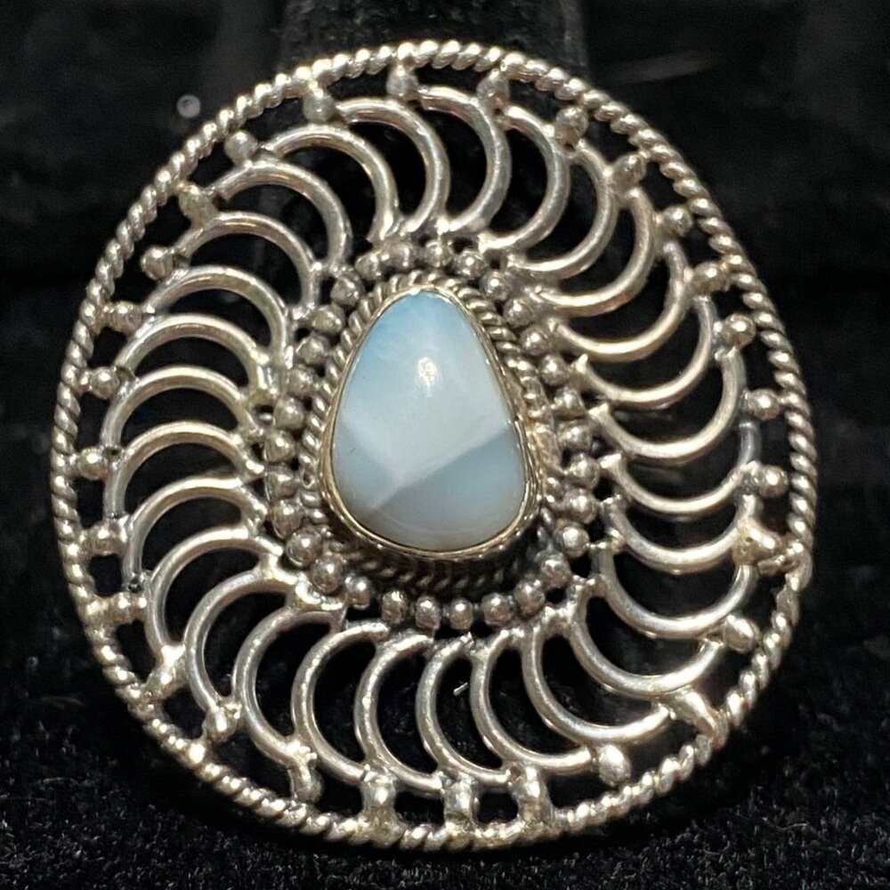 Ring Size 9 Larimar Circular Wave Design Sterling Silver Stamped 925 Vintage Jew